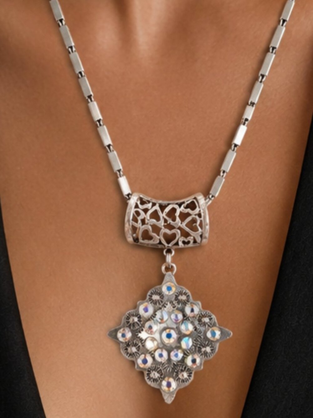 Monet Signed Silver Tone AB Crystal Long Pendant Necklace Heart Detail